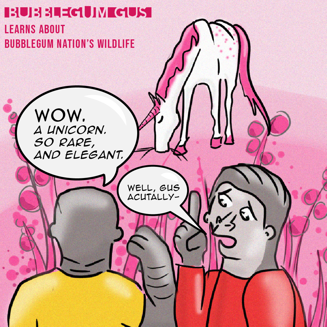 Characters watch a unicorn through long grass, in a bubblegum world